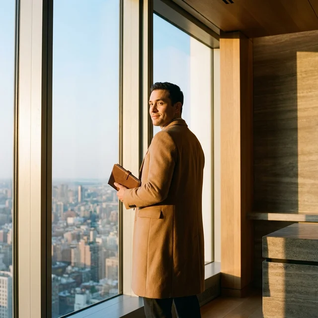 Executive overlooking the city skyline holding a leather notebook