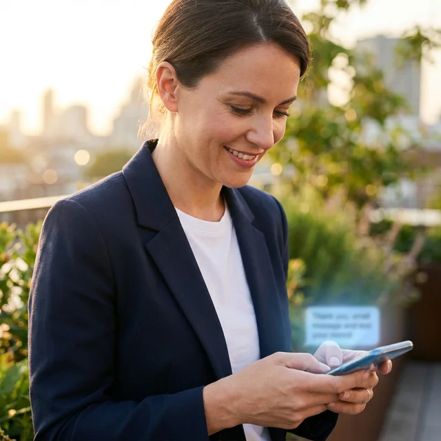 Professional checking LinkedIn on phone at golden hour